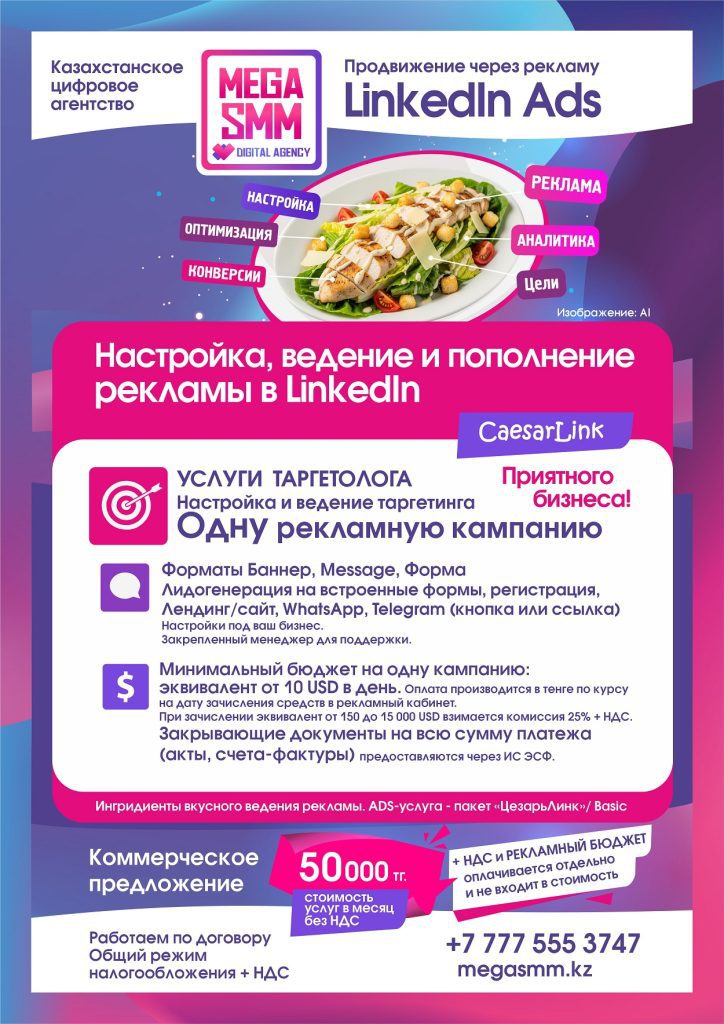 Реклама в LinkedIn настройка ведение пополнение рекламного кабинета Казахстан